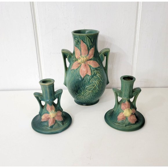 Roseville Clematis Pottery Candleholders and Vase - Picture 3 of 9